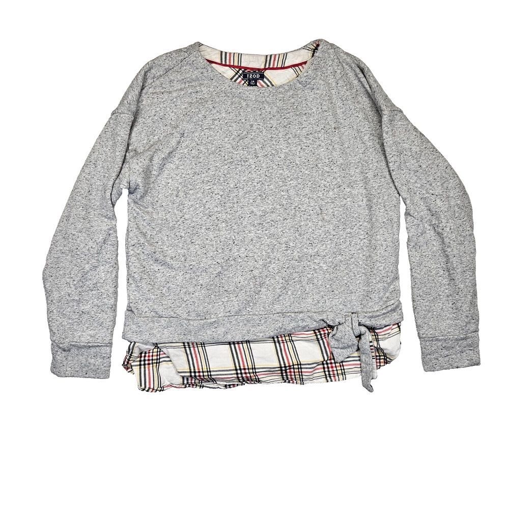 Izod Womens Sweatshirt Shirttail Hem Stretch Tie Waist Heathered Gray Plaid L